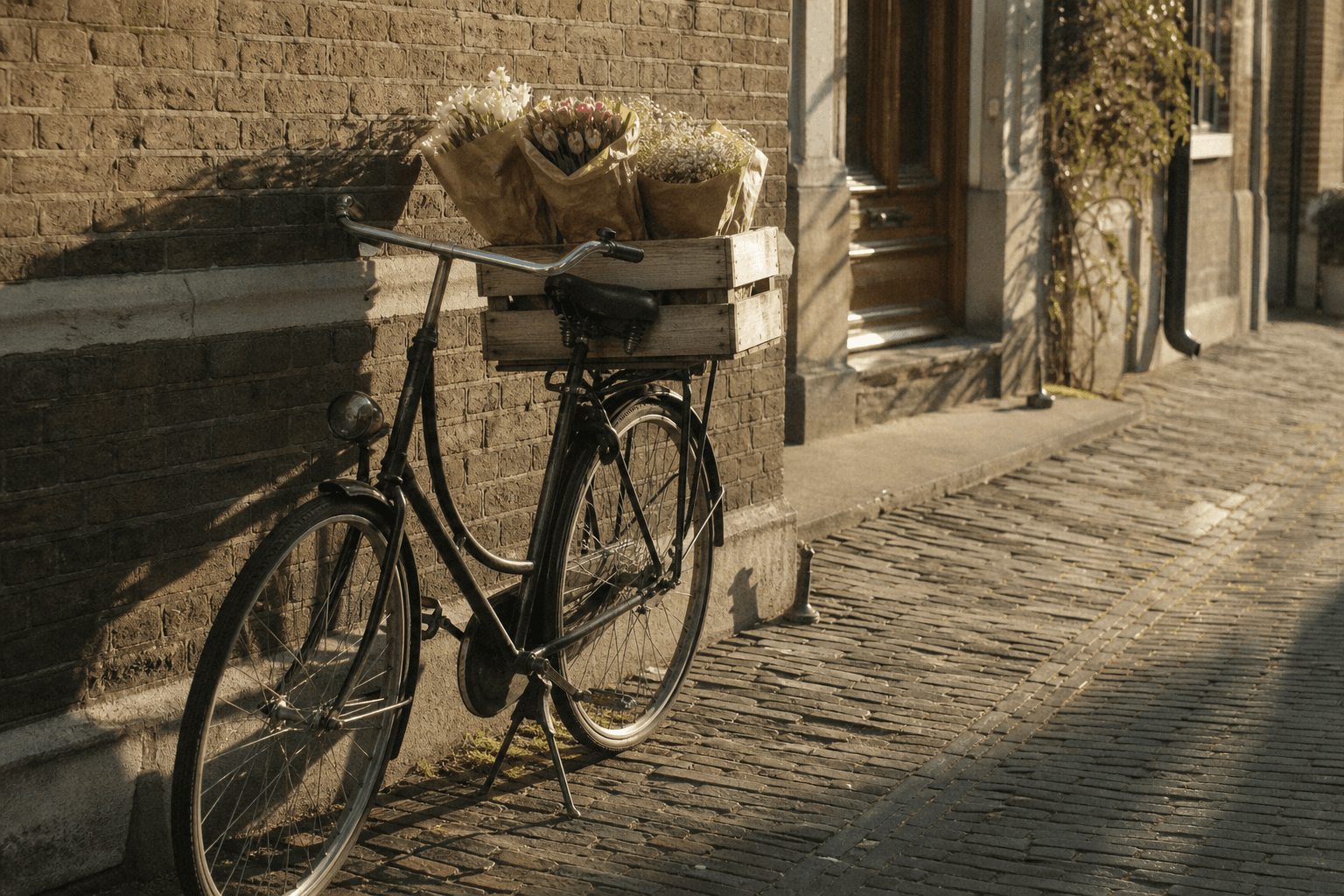 De fiets met een krat met ingepakte boeketten, klaar voor de bezorgronde.