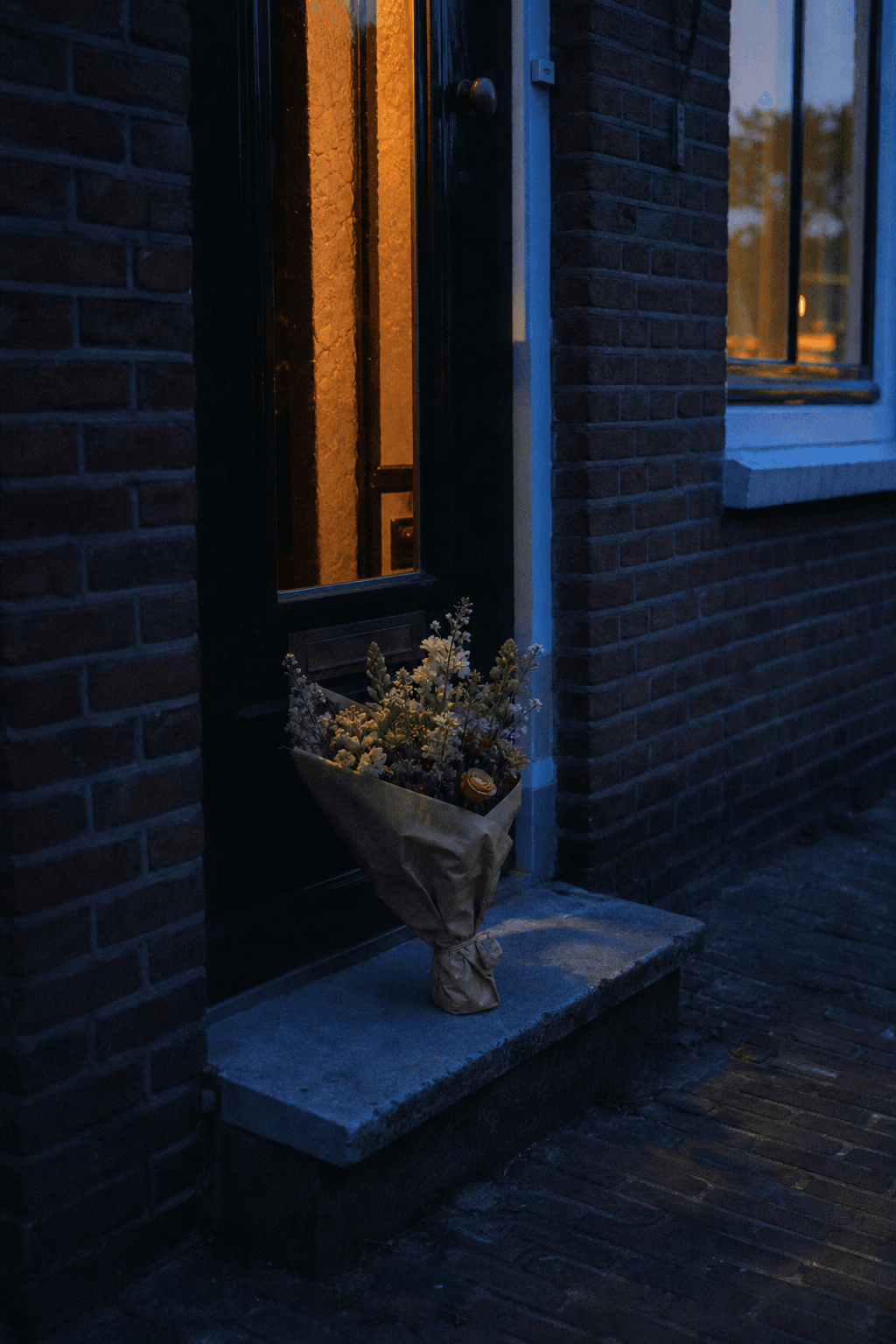 Een ingepakt boeket op de stoep bij een voordeur in het avondlicht.